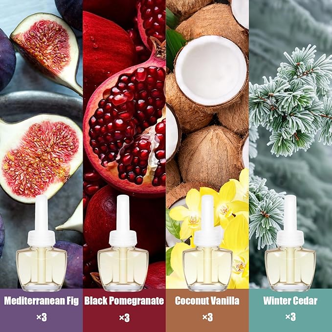 Plug In Air Freshener Refills Mediterranean Fig Black Pomegranate Coconut Vanilla Winter Cedar 12 Pack 7.92 Fl Oz Wall Plug In Refill Compatible with Air Wick &amp Glade Not for Glade Plus