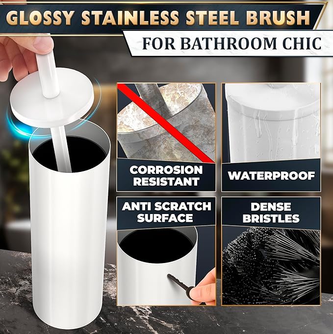Stainless Steel Toilet Brush and Holder Set White - Long Handle Toilet Bowl Cleaner Brush and Holder - Removable Inner Liner Shiny Design Splash Protection &amp Dense Bristles for Bathroom Cleaning