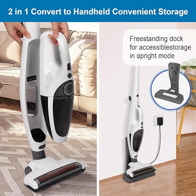 Intercleaner 2 in 1 Handheld &amp Stick Cordless Vacuum Cleaner 2-Speed Powerful Suction Lightweight with LED Bagless Stick Vac with Handheld for Hardwood Floor Carpet Car Pet Hair Ultra Quiet