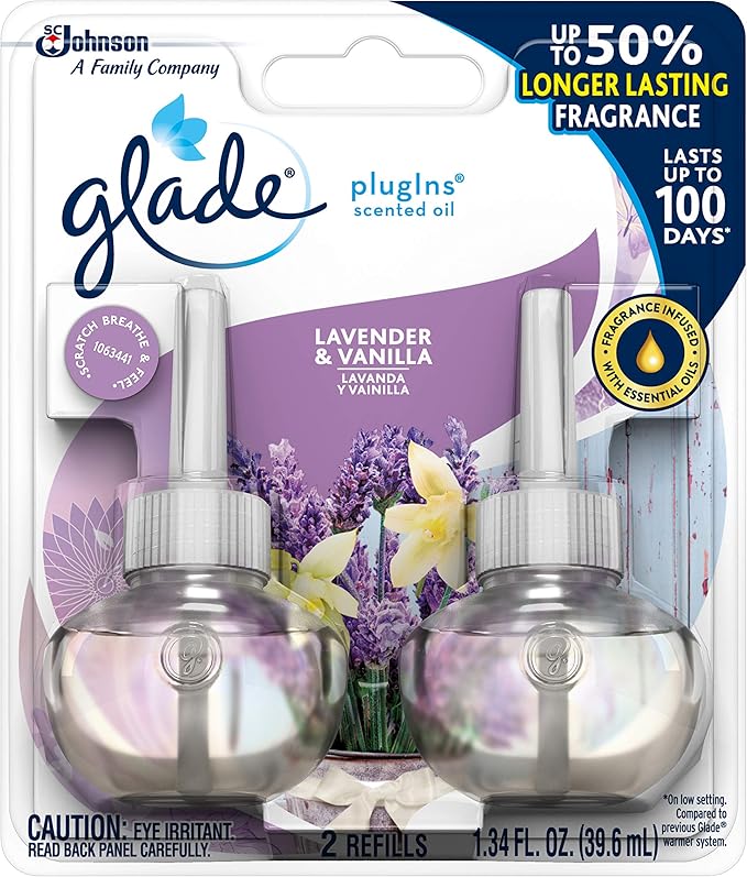 Glade PlugIns Refills Air Freshener Scented and Essential Oils for Home and Bathroom Lavender &amp Vanilla 1.34 Oz 2 Count (Pack of 3)