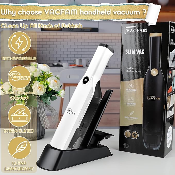 Handheld Vacuum CordlessDust Busters Cordless with Storage Dock15KPA High Power Portable Vacuum VordlessUSB Quick ChargeMini Vacuum with Multi-Nozzles &amp Washable FilterWhite