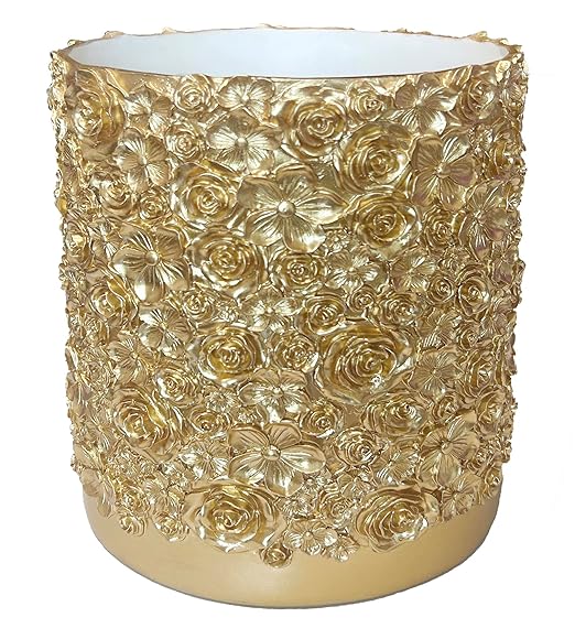 Decorative Glod Trash Can Elegant Resin Carved Waste Basket 8x10 Trash Bin Decor Rose Floral Garbage Can for Office BathroomBedroomLivingroom 8L/2.2Gallon(Gold)