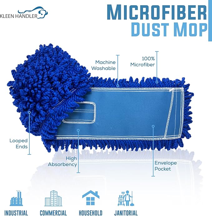 KLEEN HANDLER 6 Pack of 18 Inch Microfiber Dust Mop Large Washable Commercial Mop Head Replacement Sweeper Janitorial Dust Mops Blue