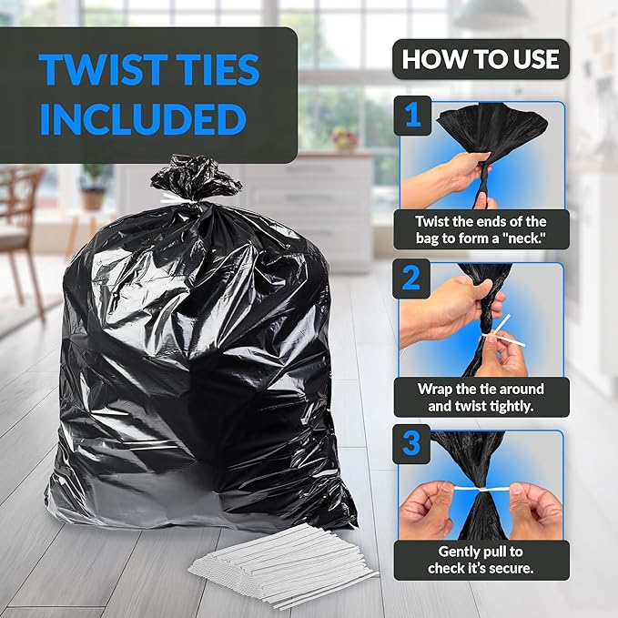 Reli. 55 Gallon Trash Bags Heavy Duty (100 Count) | Black | Twist Ties Included | Extra Tough Leak-Proof Garbage Bags | Ideal for Large Clean Ups