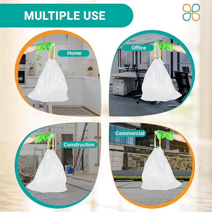 PlasticMill Drawstring Trash Bags - White Garbage Bags - Plastic Trash Bags - Kitchen Bathroom Office Garbage Bags Trash Can Liners - 4-Gallon Small Trash Bags 0.7 Mil 17x16 (100-Count)