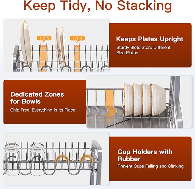 2 Tier Dish Drainers Drying Rack for Kitchen Counter Large Stainless Steel Dishes Drain with Drainboard Space Saving Big Modern Silver Countertop Metal Plates Dryer Strainer Holder and Extra Tray
