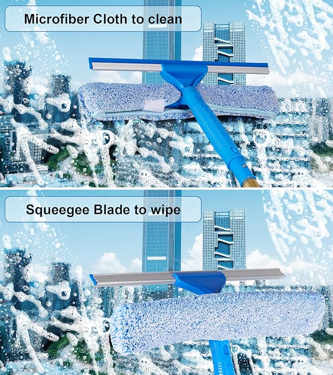 2 in 1 Window Squeegee Cleaning Kit with Aluminum Alloy Extension Poles Scrubber Glass Scrapper Bendable Duster2 Scrubber Cloth for Window Car Floor Home Garden