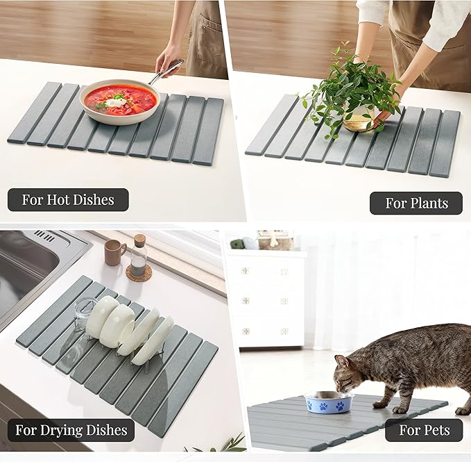 Diatomaceous Stone Dish Drying Mat with Collapsible Steel Rack - Quick Dry Kitchen Counter Set Space Saving Foldable Dryer