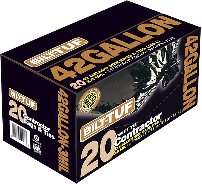 Contractor Trash Bags 42 Gallon Flat Cut Top Black 3.0 Mil 20 Count - Bilt-Tuf (Superior Strength)