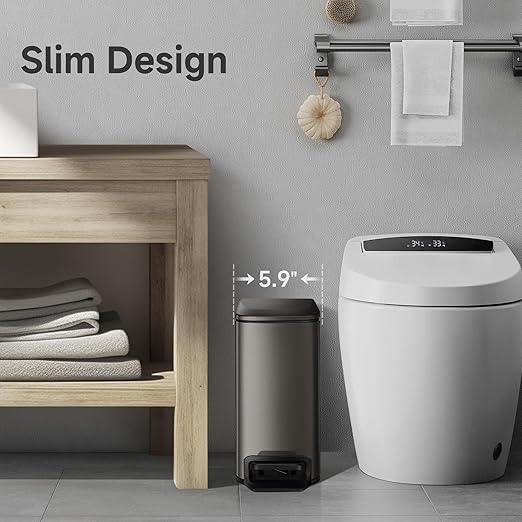 TIPGO Slim Bathroom Trash Can with Lid Soft Close 6 Liter / 1.6 Gallon Stainless Steel Garbage Can with Removable Inner Bucket Step Pedal Small Trash Cans for Bedroom Office Kitchen (Black Gold)
