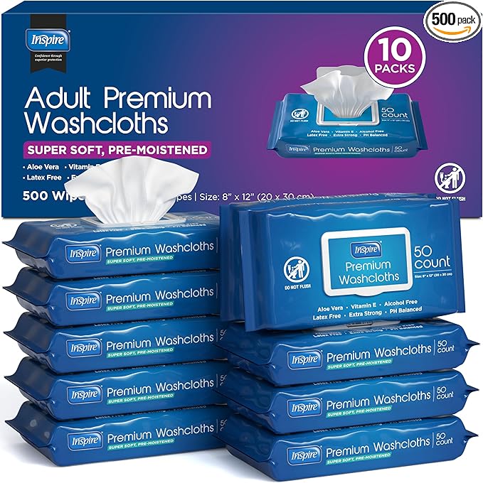 Inspire Adult Wet Wipes Wash Cloths | Adult Wipes for Incontinence &amp Cleansing for Elderly 8x12 (500CT (10 PACKS OF 50))