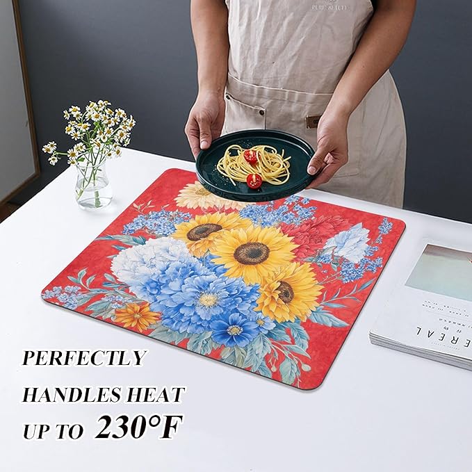 Spring Flowers Sunflower Cornflower Red Drying Dish Mat Absorbent Diatomaceous Earth Mat Dish Mat Drying Non-slip Kitchen Drainer Mat Kitchen Counter
