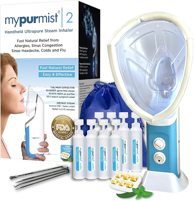 Mypurmist® Essential Kit Plus Facial Steam - Steam Inhaler &amp Facial Steamer Combo Personal Handheld Steam - Sinus Congestion Cold Cough Relief Vocal Care Skincare (Plug-in)
