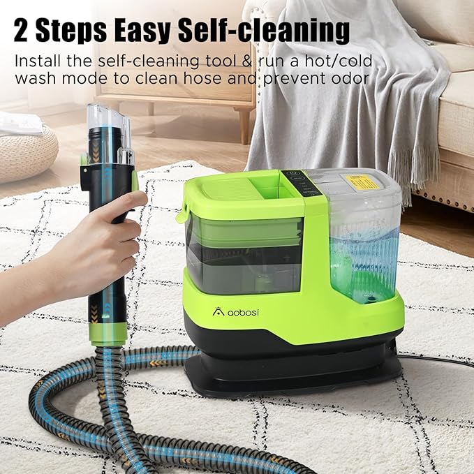 AAOBOSI Portable Carpet Cleaner Machine 17Kpa Upholstery Steam Cleaner with Smart Voice Prompting Self-cleaning 4 Tools for Pets Car Couch and Stairs- C688 Green