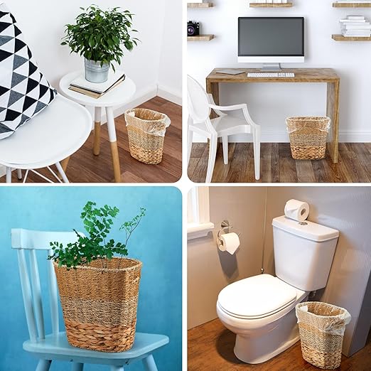 2 Pcs Wicker Trash Can with 50 Small Trash Bag Wicker Waste Woven Basket with Handles Clear Multi Use Garbage Bags for Bathroom Kitchen Bedroom(Various MaterialsClassic Style)