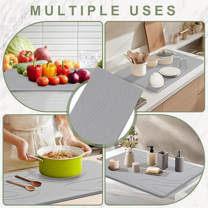Large Stone Drying Mat for Kitchen Counter 24 × 16 Diatomite Dish Drying Mat Quick Dry Stone Mats Ultra Absorbent Natural Diatomaceous Earth Mats for Dished Bottles Dark Grey