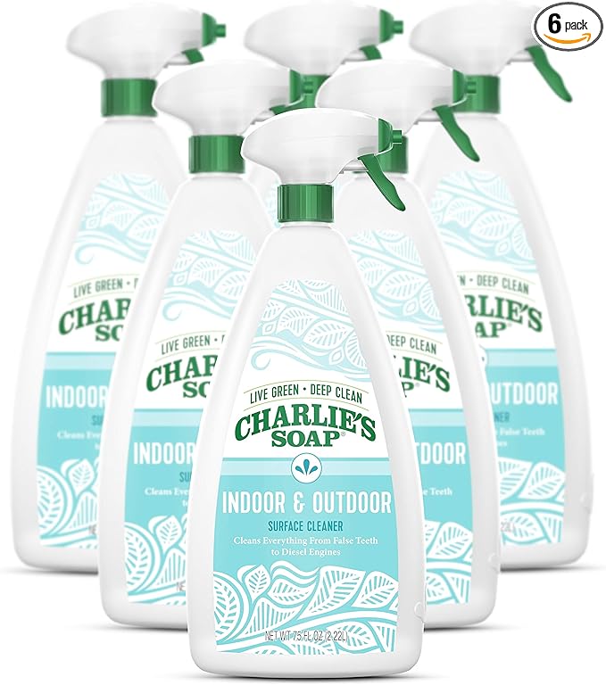 Charlie's Soap Indoor &amp Outdoor Surface Cleaner (32 Fl. Oz. 6 Pack) Natural Outdoor Cleaning Spray – Safe for Indoor Use – Non-Toxic and Biodegradable
