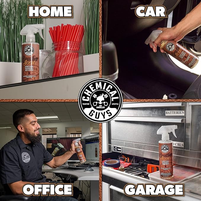 Chemical Guys AIR_102_1602 Leather Scent Premium Air Freshener and Odor Eliminator Long-Lasting Just Like New Scent for Cars Trucks SUVs RVs &amp More 16 Fl Oz (2 Pack)