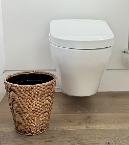 Mekomy KOUBOO La Jolla Rattan Wastebasket with Plastic Insert Handmade Trash Can Small Wastebasket Bedroom Bathroom Vanity RV Dorm Honey Brown