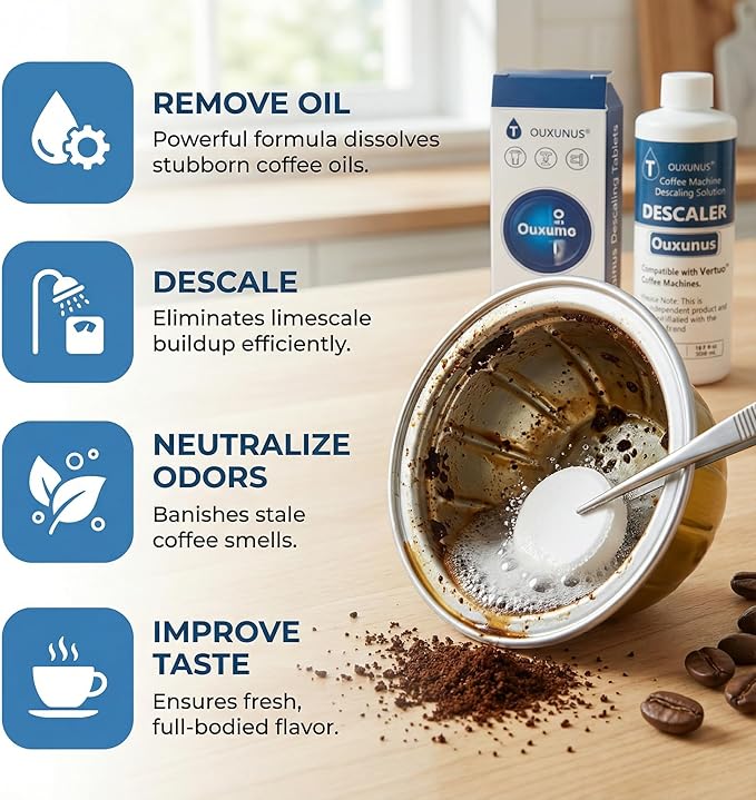 Descaling Solution Kit Compatible with Nespresso Vertuo Coffee Machines 16.9 fl Oz Descaler (4 Uses) 8 Cleaning Tablets &amp 8 Aluminum Foil Lids Complete Maintenance Set (1)