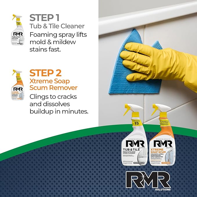 RMR Bathroom Breakthrough Bundle – Tub &amp Tile Cleaner + Xtreme Soap Scum Remover 2-Step Deep Clean System for Shower Tub Tile Grout &amp Glass Buildup Stains &amp Grime 2–32 Oz Bottles