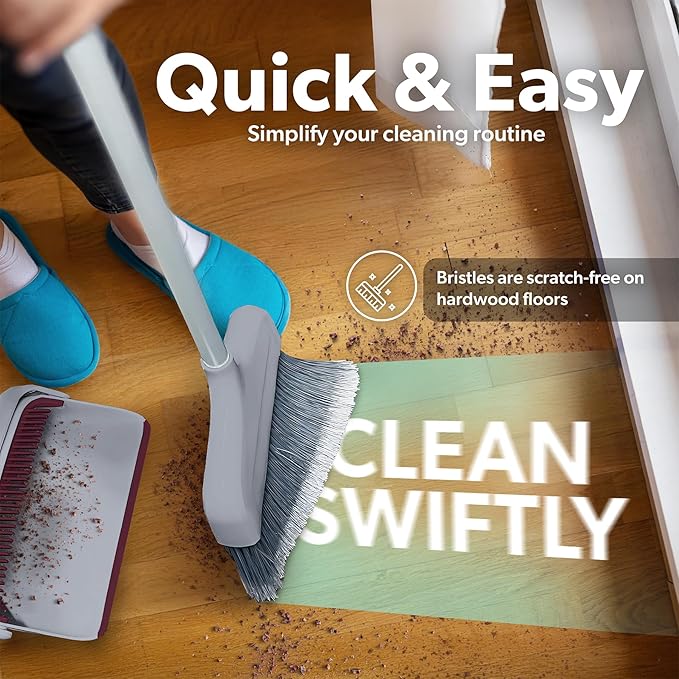 BLACK+DECKER Butler Broom &amp Dustpan Set - Stand-Up Design - Lightweight Space-Saving Combo for Kitchen Living Room Bathroom Lobby Floors - Home Cleaning Essential Light Gray/Burgundy