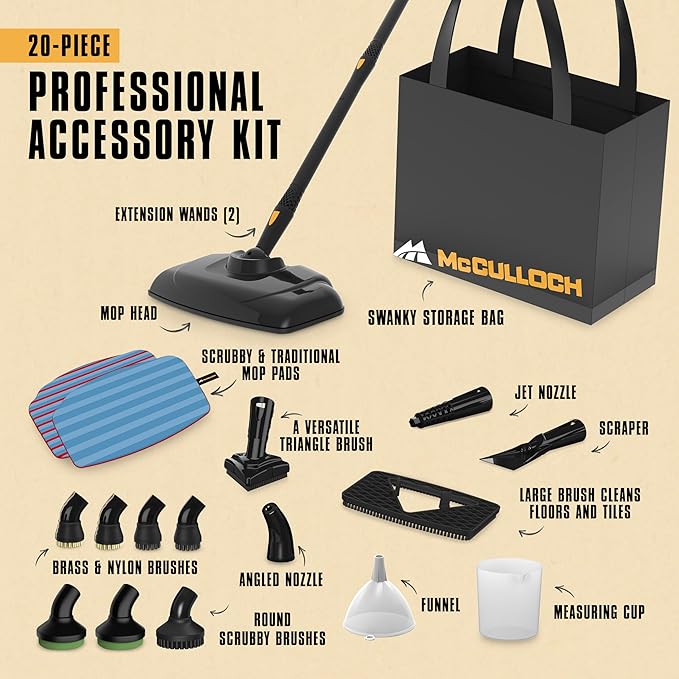 McCulloch Canister Steam Cleaner MC1375 90 Minute Runtime 20 Accessories Jet Nozzle Brushes &amp More - Steam Cleaner for Home Tile Carpet Furniture &amp Personal Car Detailing