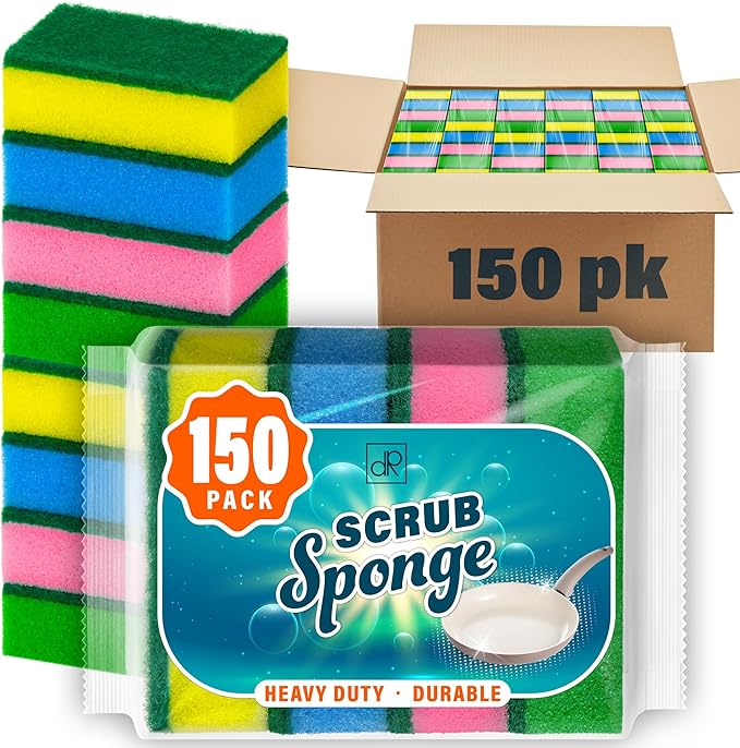 DecorRack 150 Count Non-Scratch Cleaning Scrub Sponges Dual-Sided Heavy Duty Kitchen Sponges for Dishes Cleaning Household Bathroom Car Wash - Multicolor (Pack of 150)