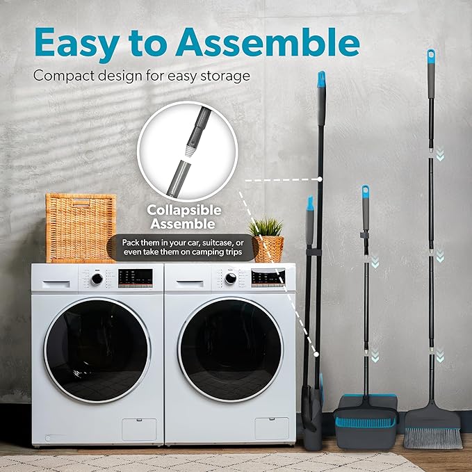 BLACK+DECKER Butler Broom &amp Dustpan Set - Short Handle Stand-Up Design - Lightweight Space-Saving Combo for Kitchen Living Room Bathroom Lobby Floors - Home Cleaning Essential Black/Blue