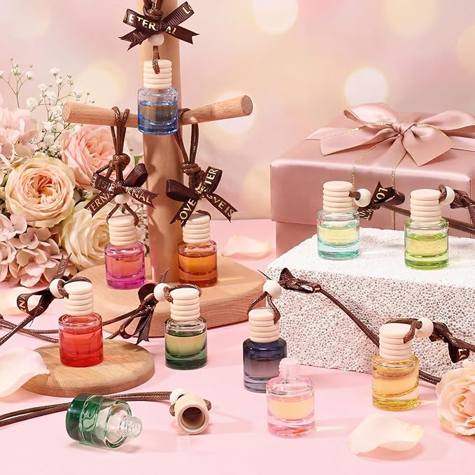 Mudder 50 Pcs Gradient Hanging Car Air Freshener Empty Clear Glass Diffuser Bottles for Essential Oils Perfume Pendant for Women Guests Wedding Favors Employee Appreciation Gifts(CylinderColorful)