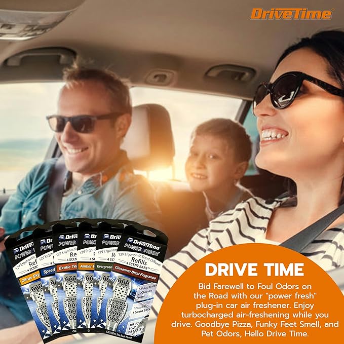 Drive Time Power Fresh 12-Volt Car Plug-In Air Fresheners – Refill Scent Bars for Vehicles Aroma Fresheners and Car Refreshing Scents – Includes 6 Long-Lasting Refills – Compact Size