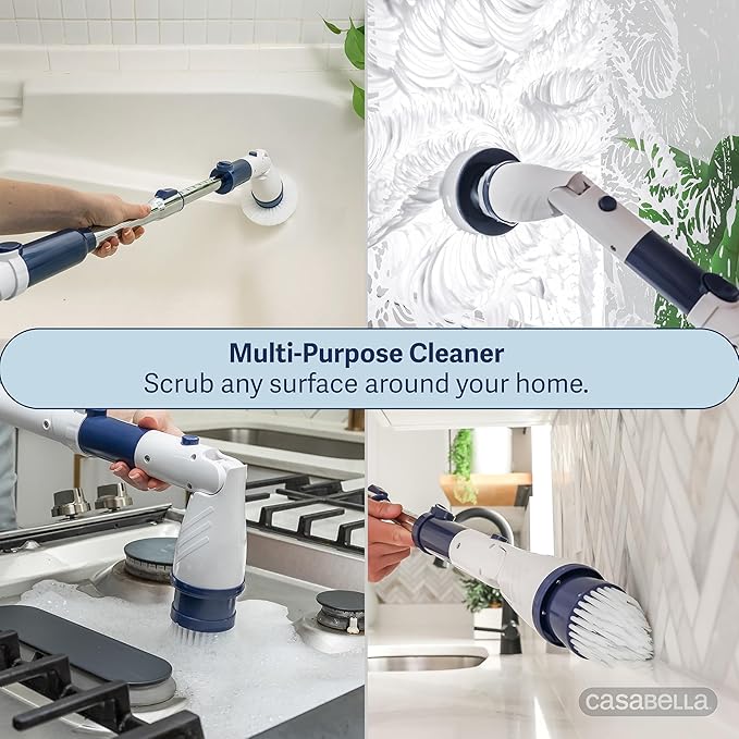 Casabella Power Spin Scrubber Extendable to 47.5” – Cordless Electric Cleaner for Shower Kitchen Bathroom Tile Tub Car Deck - Rechargeable Spin Brush with Adjustable Brush Head &amp 4 Attachme