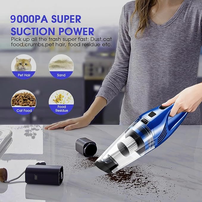 Car Vacuum Portable Cordless – 9000PA Strong Suction Lightweight &amp Rechargeable – Includes Multi-Nozzle Attachments for Car Home Office and Pet Hair – Compact &amp Powerful Azure Vacuum