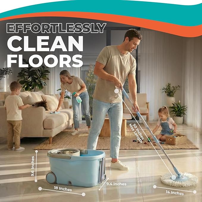 Grazie Spin Mop &amp Bucket Set - 360° Self-Wringing System with Wheels Stainless Steel Handle - Hands-Free Floor Cleaning for Hardwood Tile Laminate - Includes 6 Washable Microfiber Mop Head Refi