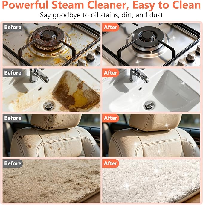 Steam Cleaner Portable Steamer for Cleaning with 16pcs Accessories 6-Level Adjustable 15s Heat-Up Handheld Steam Cleaner for Home for Tile Grease Dirt Grout Car Detailing Orange