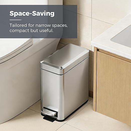Sineng 1.6 Gallon Stainless Steel Slim Rectangular Pedal Trash Can with Soft Close LidSpace-Saving Waste Bin for BathroomBedroomDurable Pedal Step Trash canCompact Trash bin