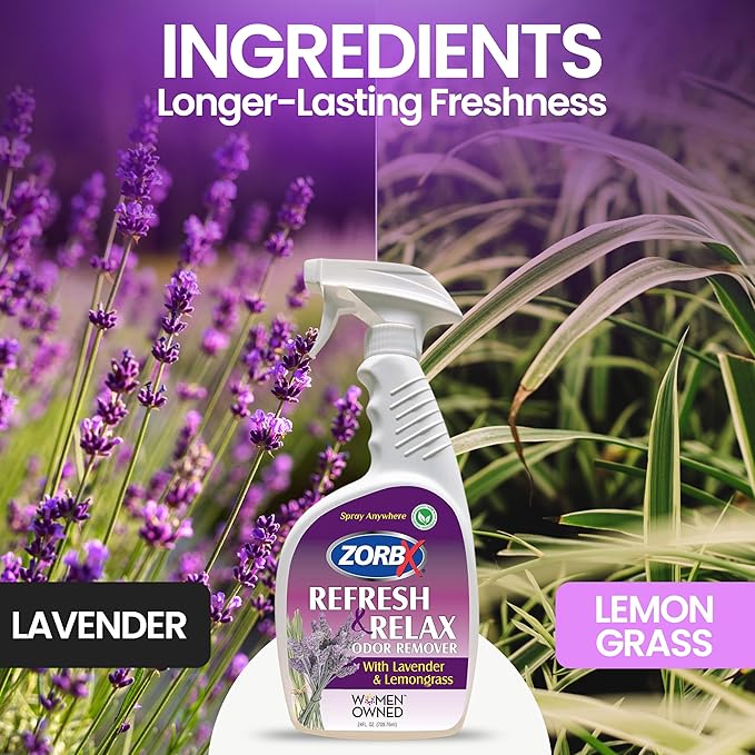 ZORBX Lavender &amp Lemongrass Spray 24 Oz - All-Purpose Deodorizer Refreshes Fabric Removes Strong Odors Perfect for Home Car Gym Laundry