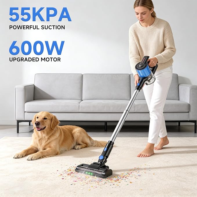 Hearten Cordless Vacuum Cleaner 600W/55Kpa 70Mins Upgraded Stick Vacuum with LED Display Anti-Tangle Self-StandingAnti-TangleLightweightVacuum Cleaner for Home Pet Hair Carpet Hardwood Floor