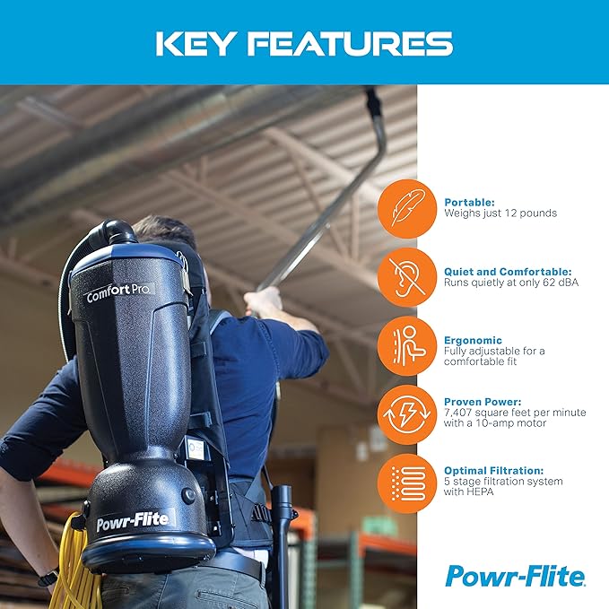Powr-Flite Comfort Pro Backpack Vacuum Cleaner 6 Quart Commercial Vacuum Cleaner with Premium Tool Kit HEPA Vacuum BP6S