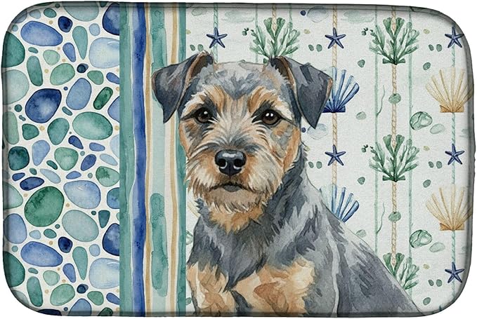 Caroline's Treasures Blue and Tan Border Terrier Coastal Sea Glass Dish Drying Mat Absorbent Dish Drying Mat Pad for Kitchen Counter Dish Drainer Mat for Countertop 14 x 21 Multicolor