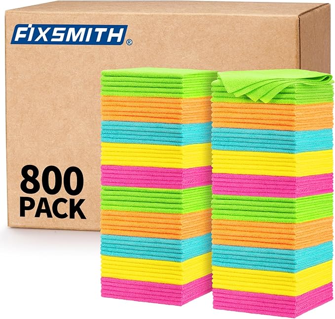 FIXSMITH Microfiber Cleaning Cloth 800 Pack Shop Towels Lint-Free Car Wash Towels All-Purpose Absorbent Cleaning Rags for Housekeeping Dust Cloth for Office Mechanic Automotive （12inx12in）