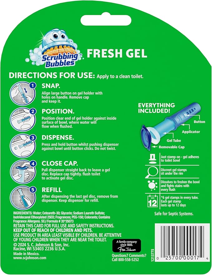 Scrubbing Bubbles Fresh Gel Toilet Bowl Cleaning Stamps Automatic &amp Continuous Bathroom Toilet Cleaner Helps Prevent Limescale &amp Rings Rainshower Scent 1 Dispenser with 12 Stamps (6 Count)