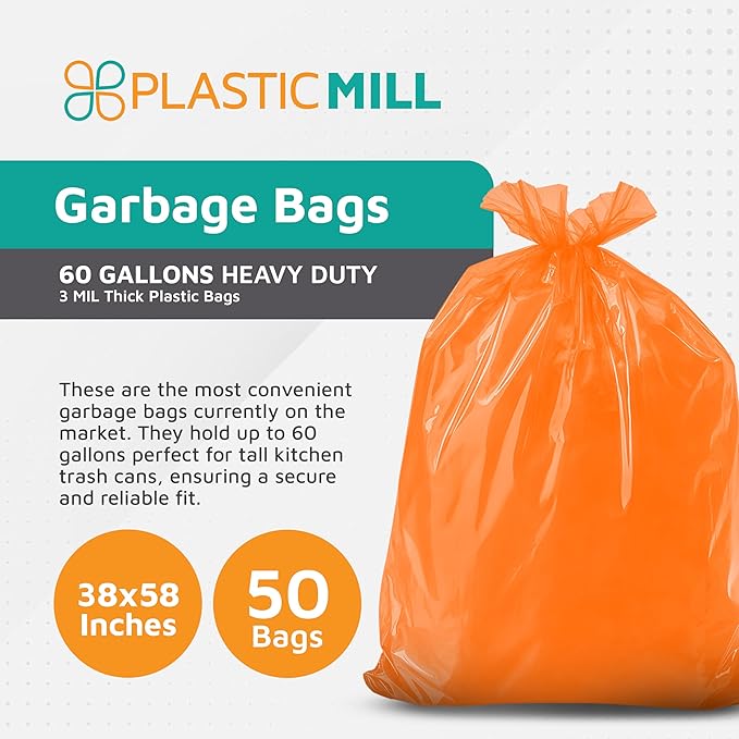 PlasticMill Heavy Duty Trash Bags - Orange Garbage Bags - Plastic Trash Bags - Tall Trash Bags Trash Can Liners - 50-60 Gallon Large Kitchen Trash Bags 3 Mil 38x58 (50-Count)