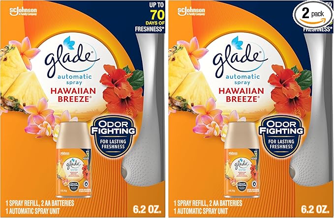Glade Automatic Spray Refill and Holder Kit Air Freshener for Home and Bathroom Hawaiian Breeze 6.2 Oz (Pack of 2)