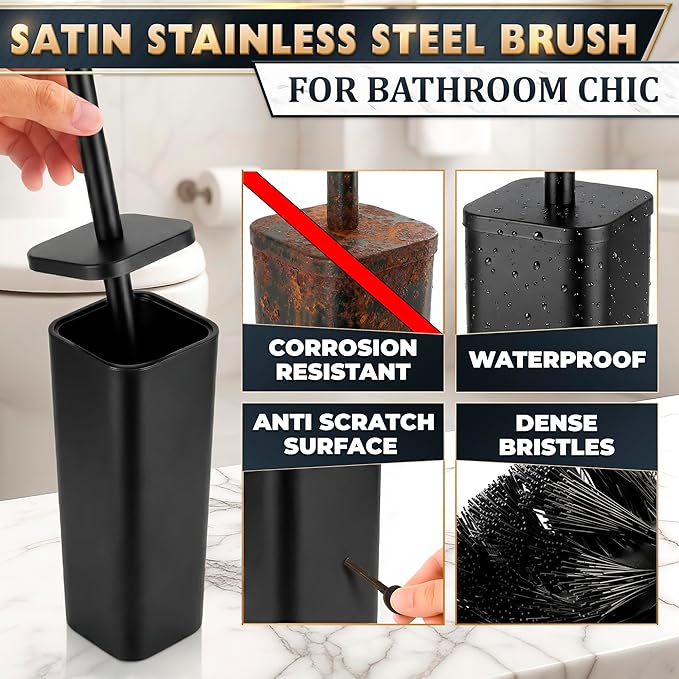 Black Toilet Brush with Square Stainless Steel Holder - Freestanding Toilet Brush and Holder Set Black - Removable Plastic Inner Cup Splash Guard Cover Replaceable Head Corrosion Resistant Finish
