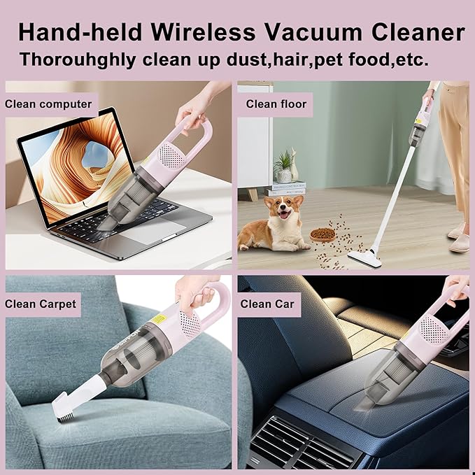 6-in-1 Lightweight Stick Vacuum Cleaner with 100W Powerful Motor Mini Portable Household Handheld Vacuum Cleaner for Domestic Hard Floors Carpets and Pet Hair(Pink Cordless with Plug)