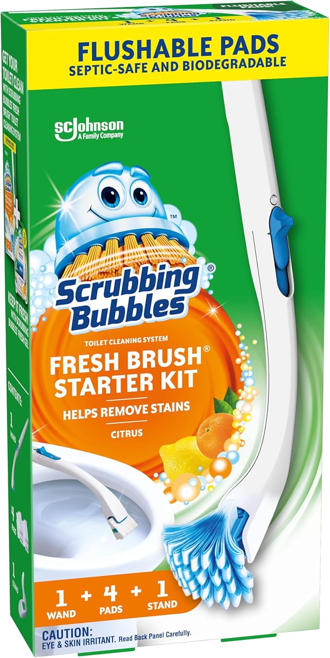 Scrubbing Bubbles Toilet Bowl Brush and Holder with Cleaner Refill Pads Fresh Brush Toilet Wand Starter Kit Cleans Limescale &amp Fights Odors Citrus Scent 1 Wand + 4 Refills + 1 Stand (Pack of 4