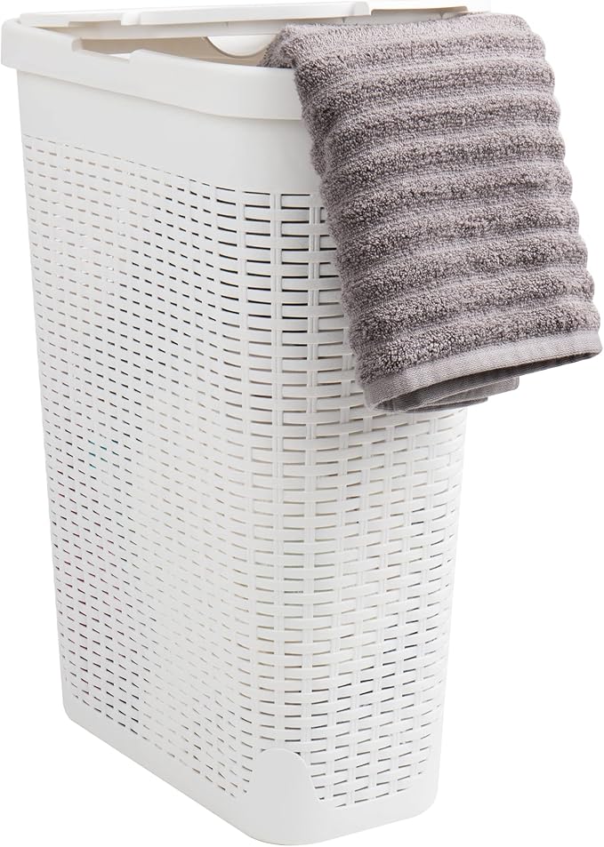 Mind Reader Slim Laundry Hamper with Lid 40L Clothes Basket Narrow Tapered Design with Ventilated Cutout Pattern Plastic White