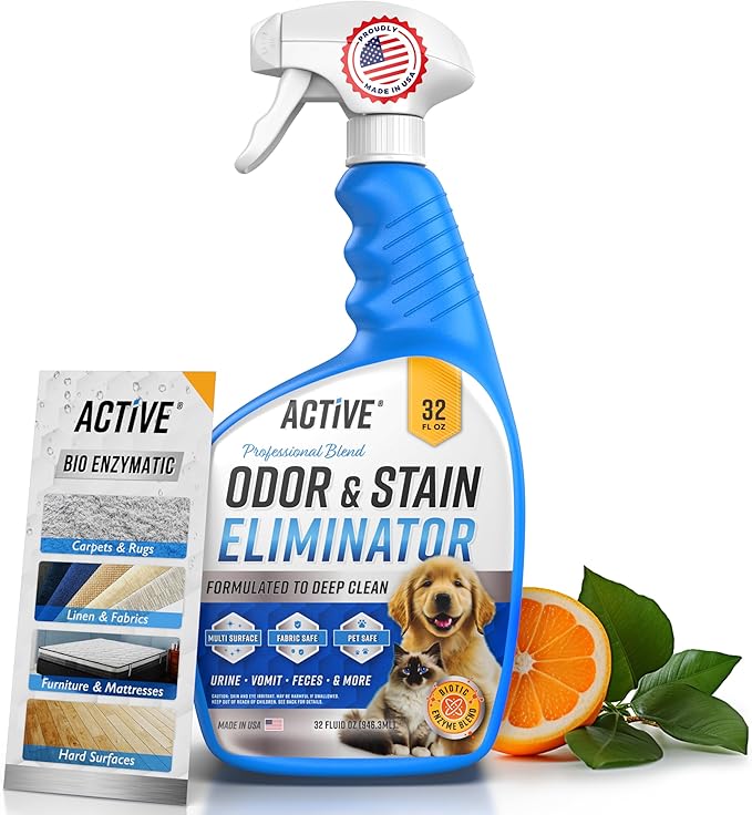 Pet Odor and Stain Eliminator - 32 oz ACTIVE Enzyme Cleaner for Dog &amp Cat Urine Stain Remover Spray for Carpet Upholstery Hardwood Spot Cleaning Deodorizer for Dogs Cats Pets - Natural Citrus