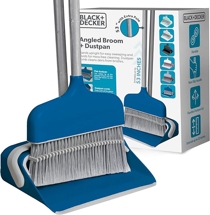 BLACK+DECKER Butler Broom &amp Dustpan Set - Stand-Up Design - Lightweight Space-Saving Combo for Kitchen Living Room Bathroom Lobby Floors - Home Cleaning Essential Ocean Blue